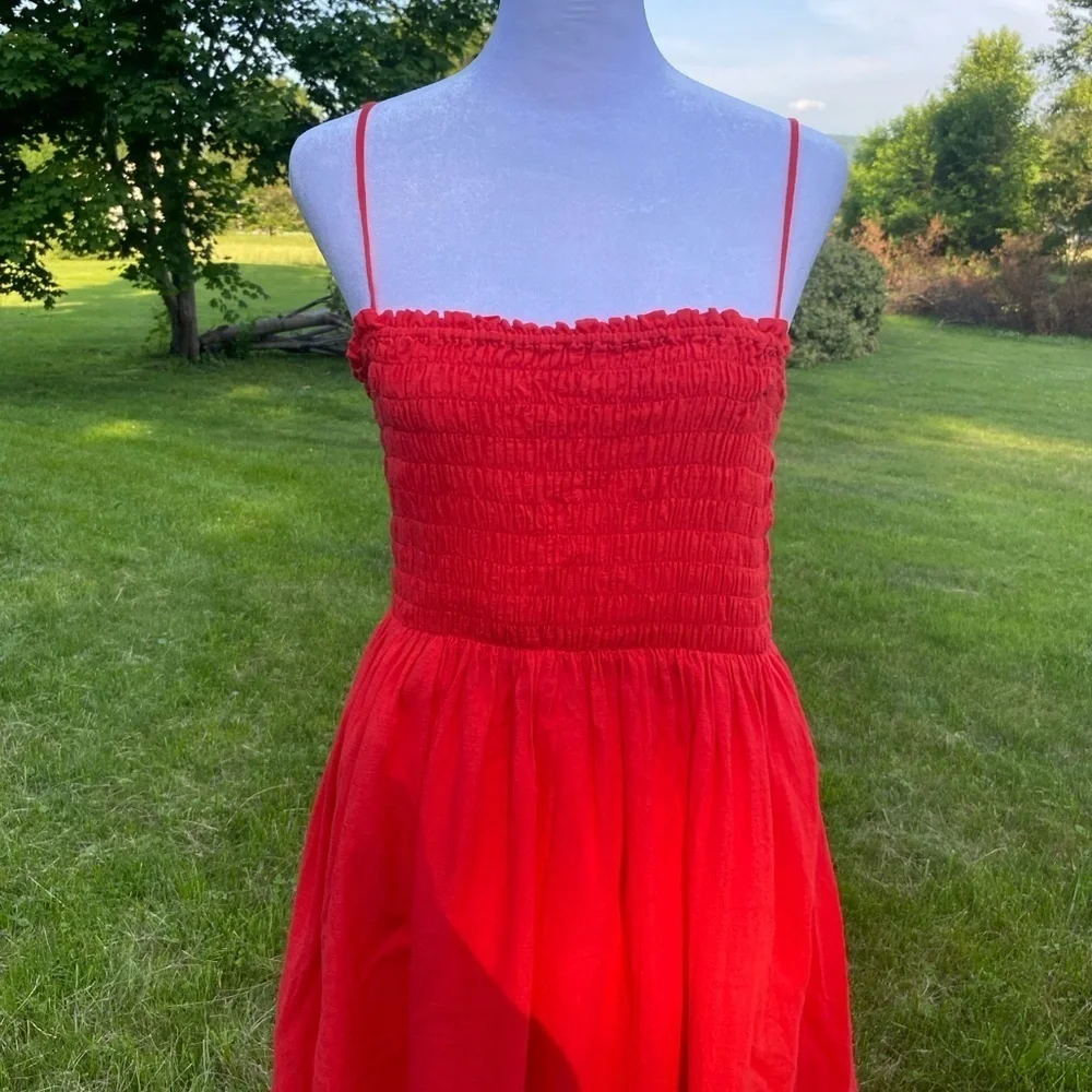 & Other Stories Red Cotton Maxi Dress Ruched Smocked Size 8